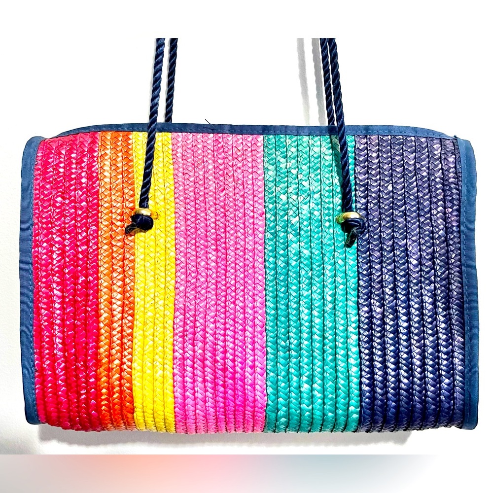 Vintage Straw Shoulder Bag Tote Braided Rope Straps Top Zip Multicolored Stripe